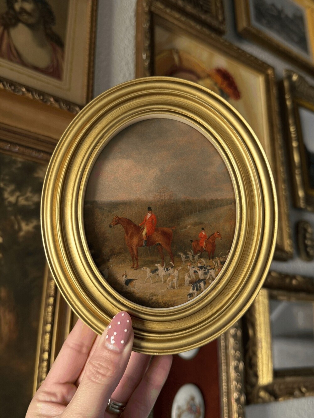 Vintage Style Man and Dogs Art Print Framed Oval
